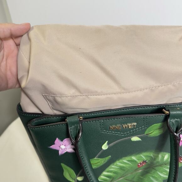Nine West Green Tote Bag Hand Painted Ladybug Floral Leaf Purse Shoulder Satchel - Picture 10 of 16